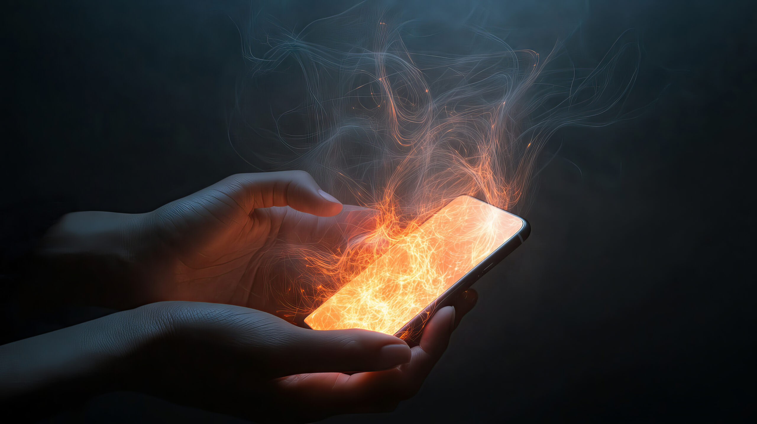 Hands holding a smartphone engulfed in fiery flames
