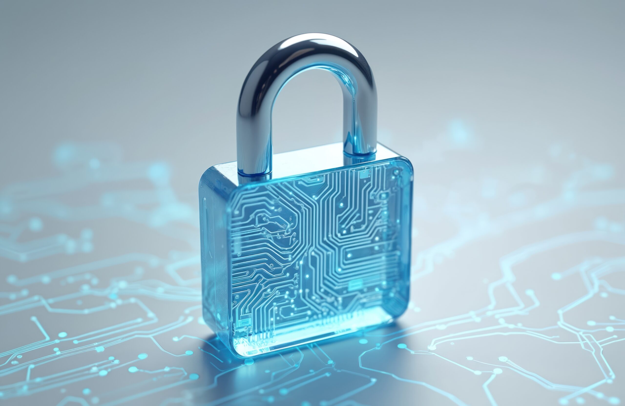 Padlock icon with circuit board background. Generative AI tech security. Digital data protection, privacy concept. Computer hardware, software safety. Authentication, authorization, firewall.