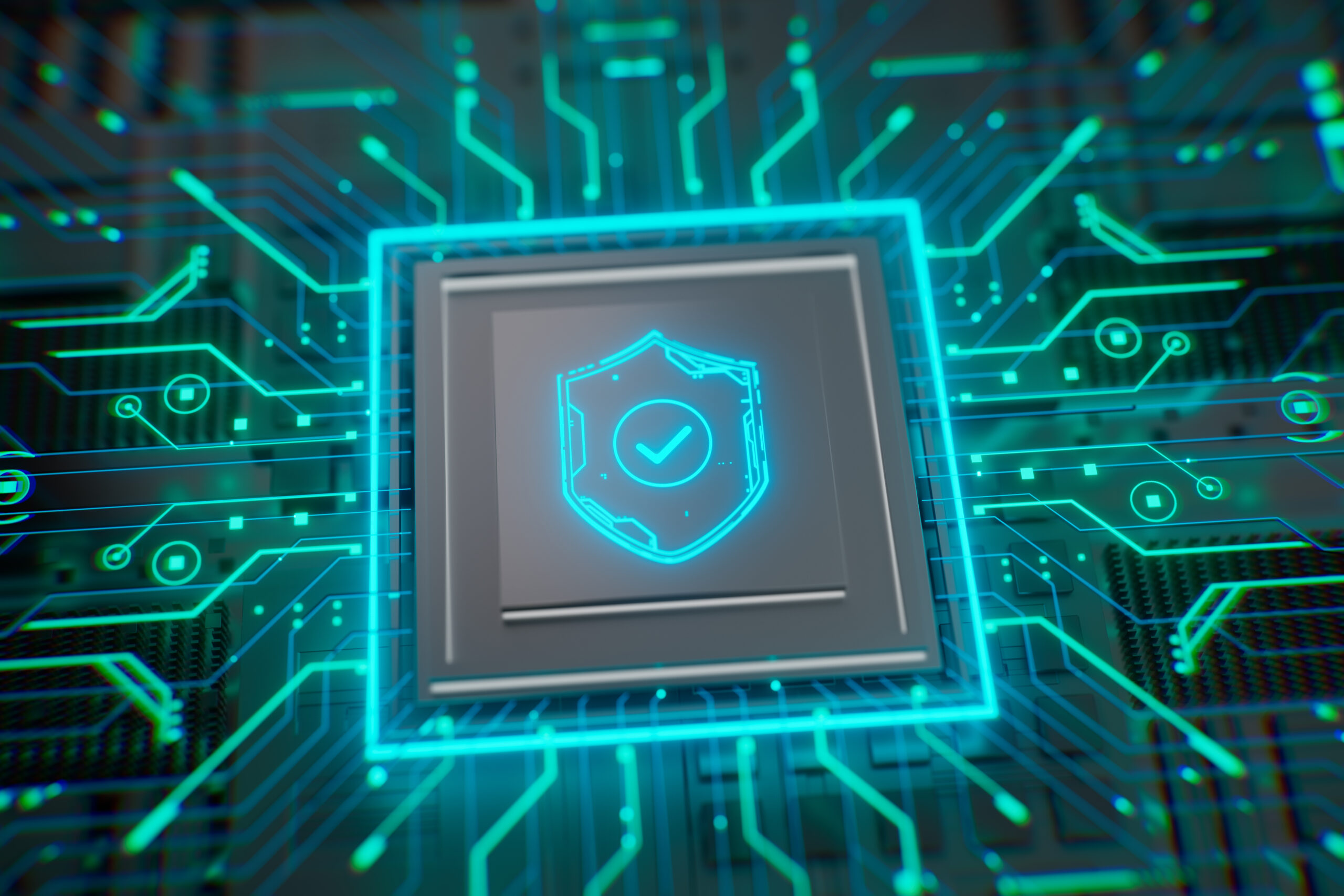 Futuristic neon shield with a checkmark on a cpu chip. Concept of cybersecurity, data protection, digital safety, privacy policy, compliance and secure technology.