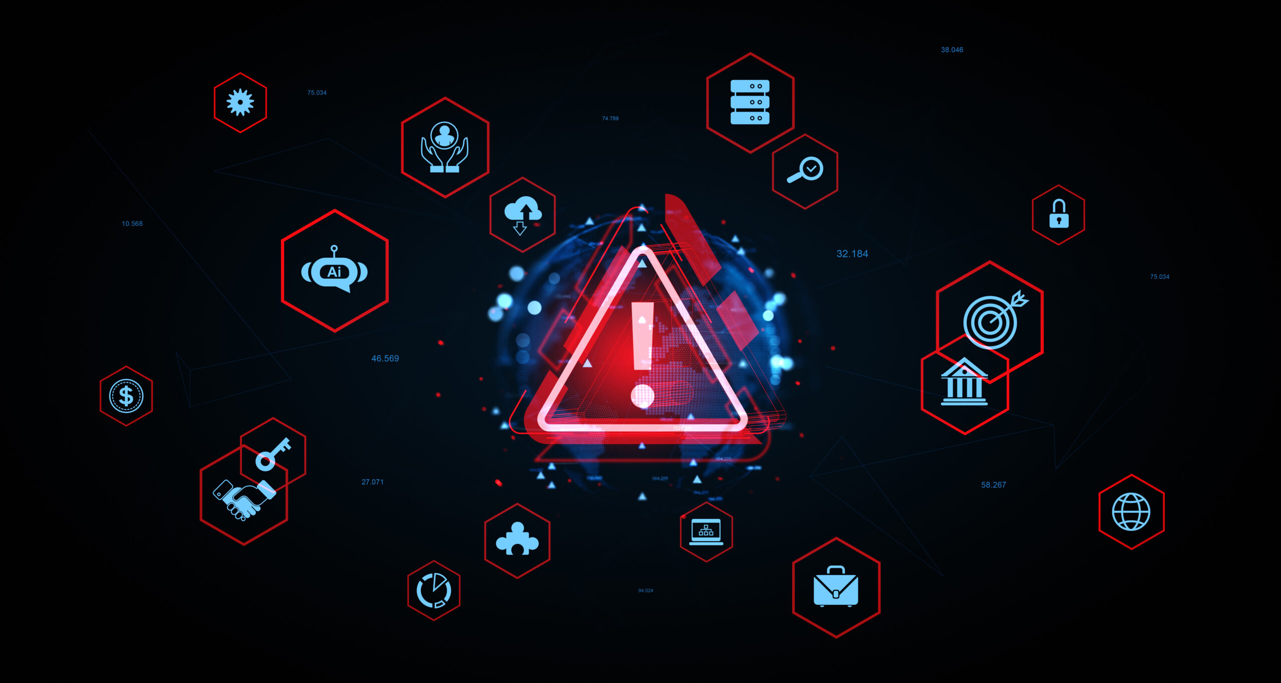Cybersecurity threat alert with digital warning icons and AI symbols on a futuristic tech background concept for data protection and risk management. 3D Rendering