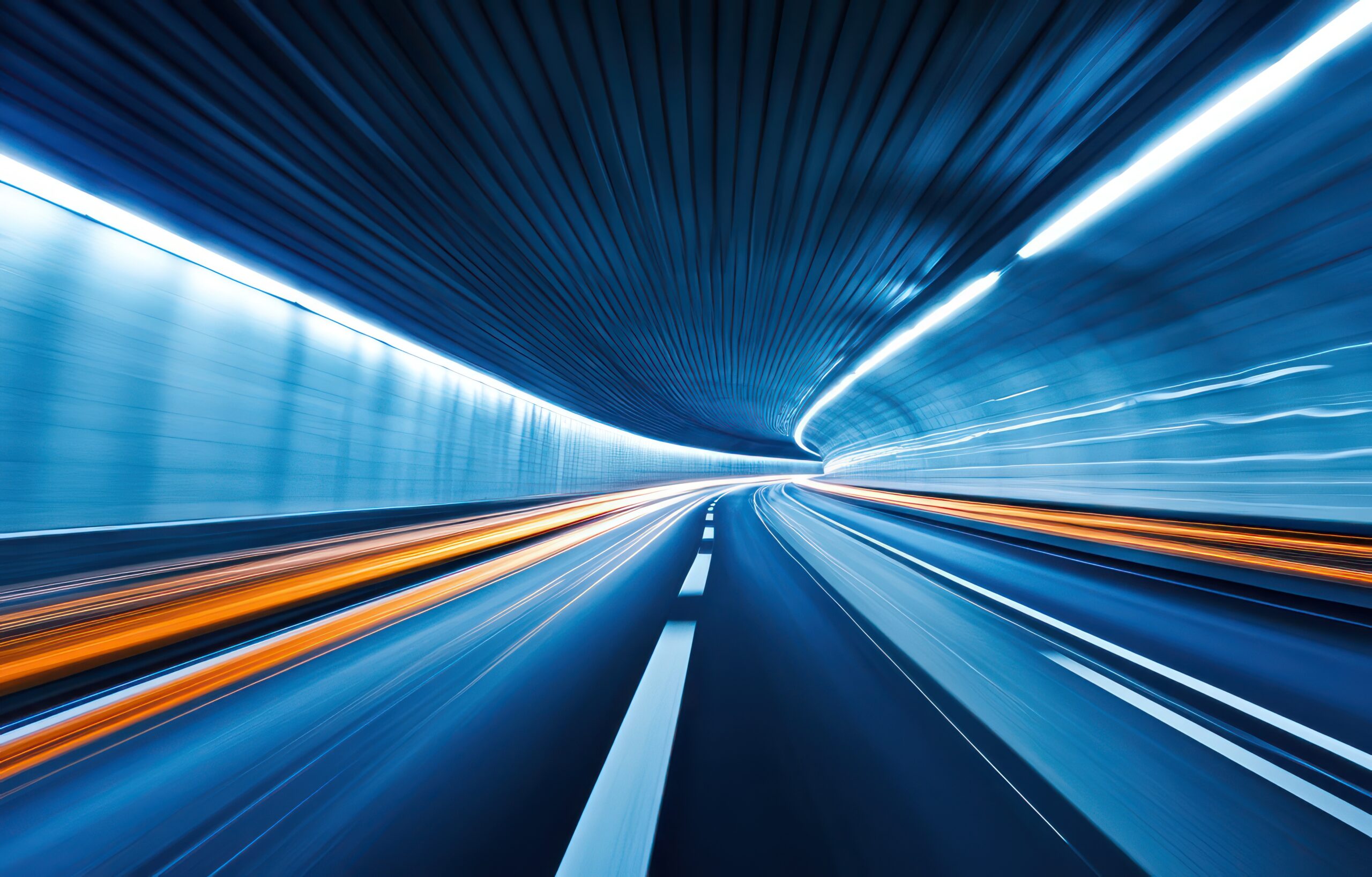 City tunnel, speeding car, night, light trails, transportation