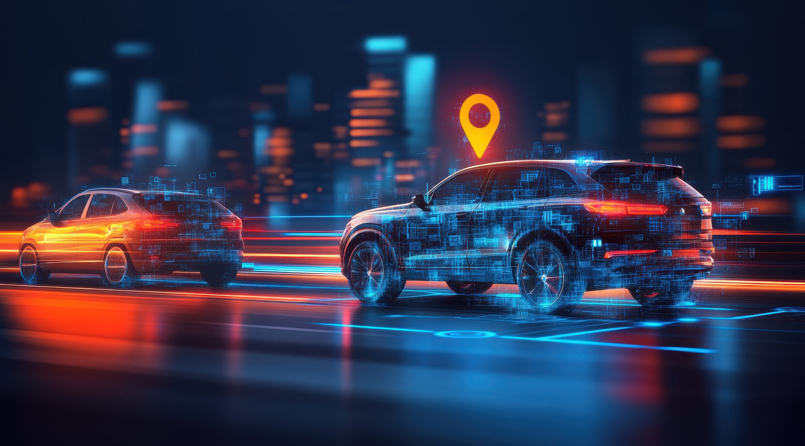 Autonomous vehicles navigating a city at night. Sophisticated technology displayed around the cars, highlighting location and connectivity