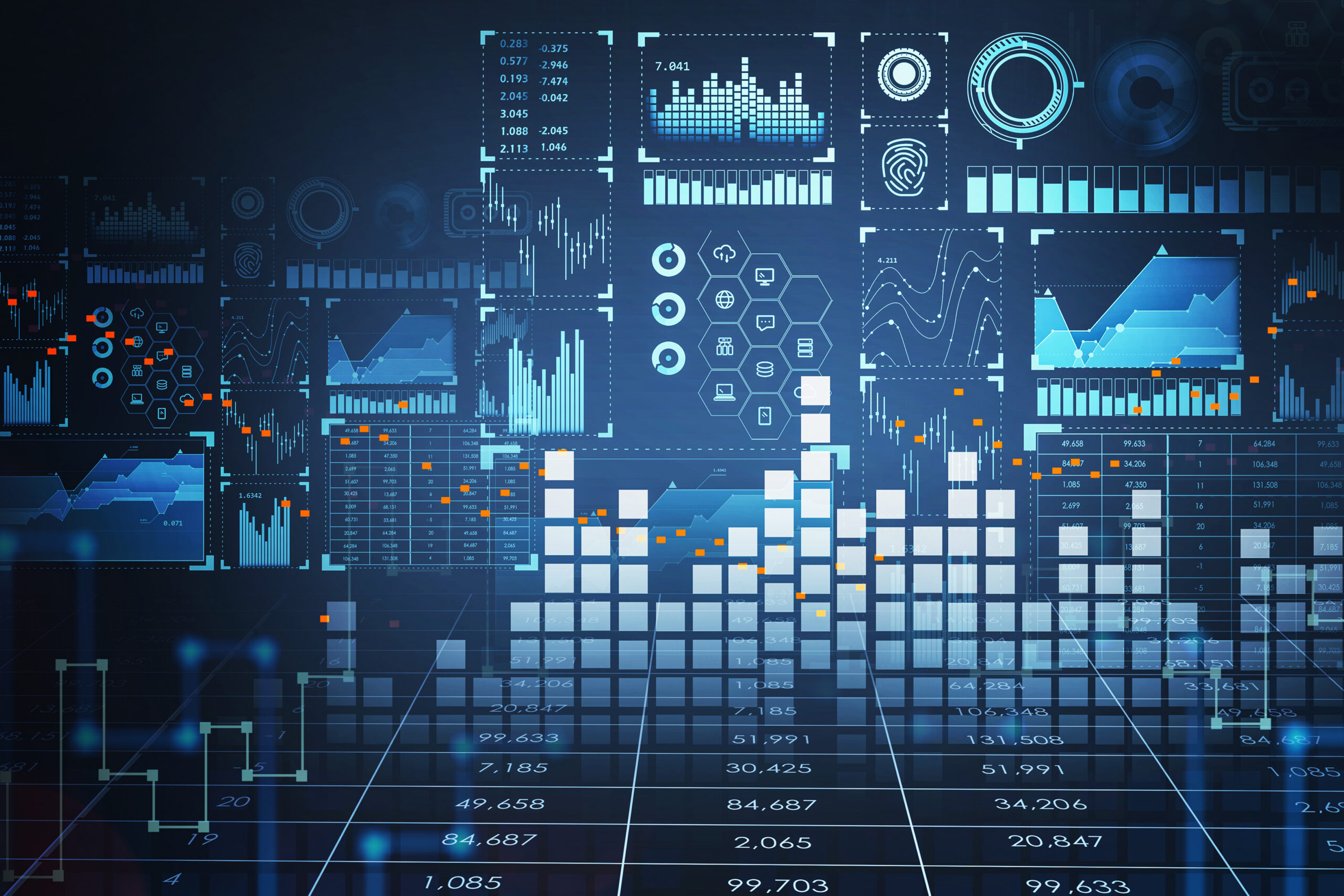 Digital hud with graph and network data symbols, forex statistics