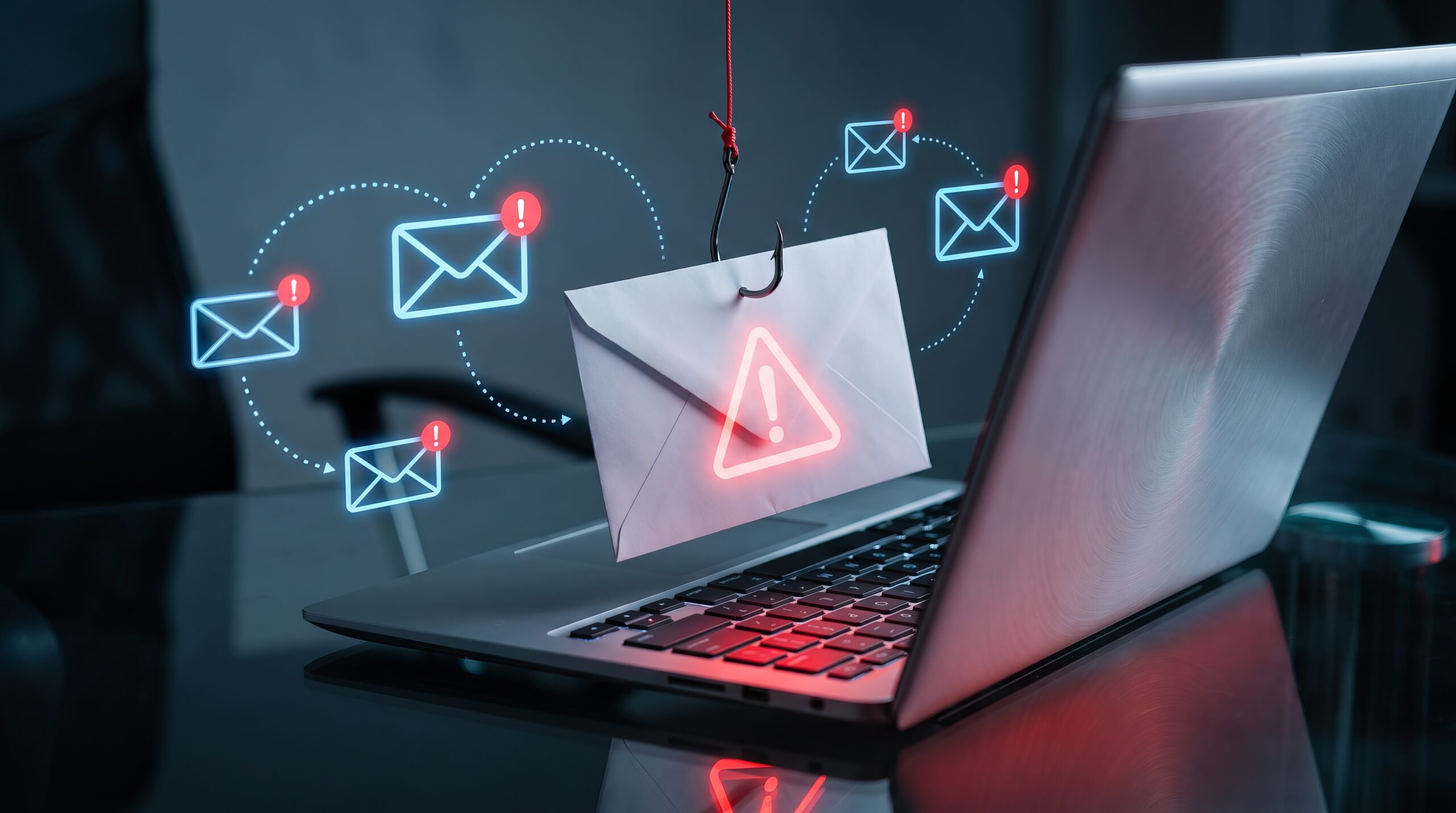 Dangerous phishing email scam hanging on a fishing hook above modern portable laptop computer keyboard